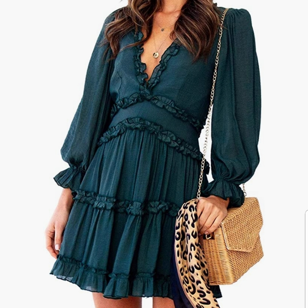 Hunter Green Long Sleeve Layered Ruffle Dress